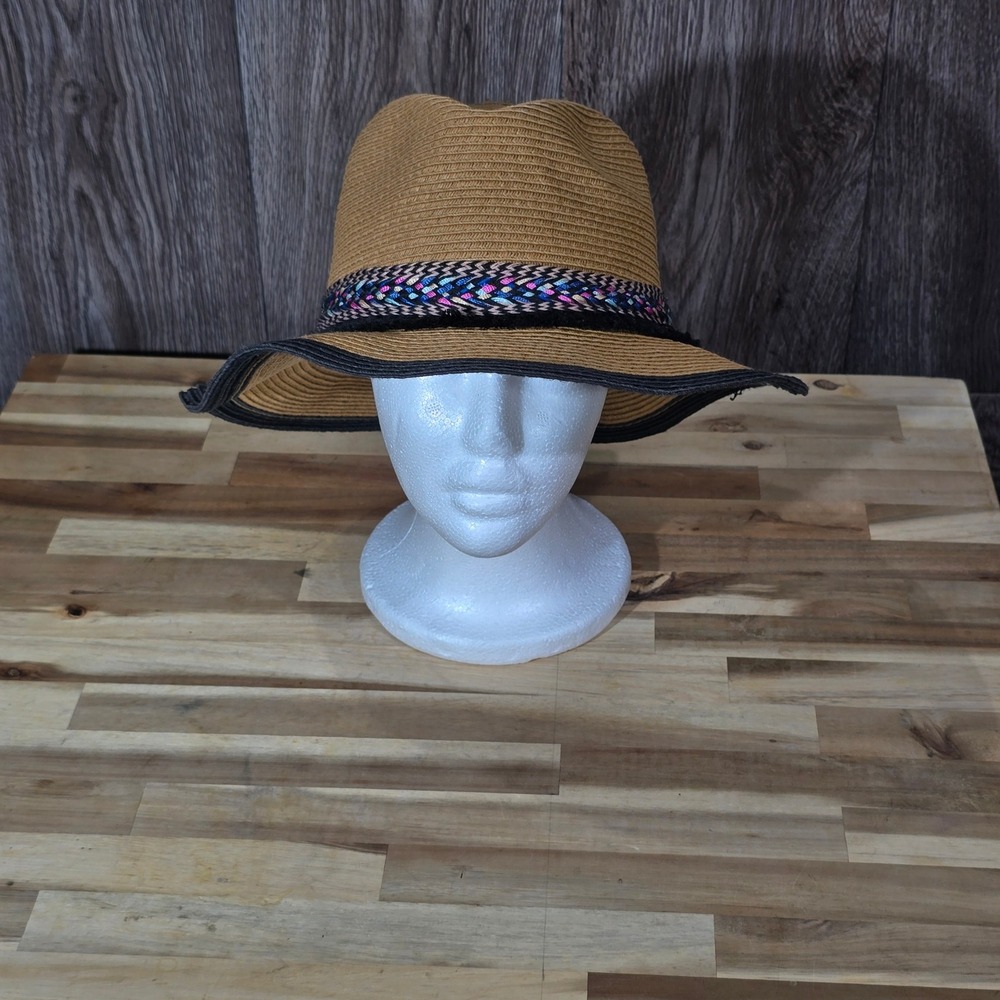 STEVE MADDEN Wide Brim Sun Hat Paper Straw Black Tan Braided Tassel One Size